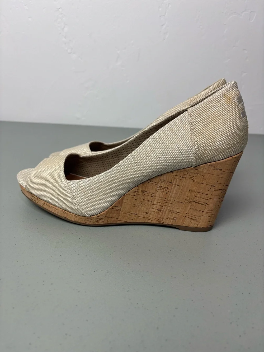 TOMS Women's Neutral Beige Cork Wedge Peep Toe Heels Size 11 Canvas